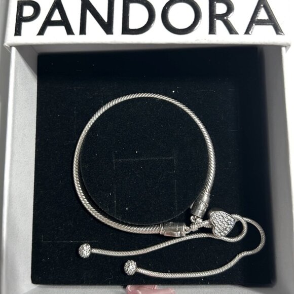 Pandora Moments Snake Chain Slider Bracelet (599652C01-2) Pave Heart slider - Picture 2 of 6